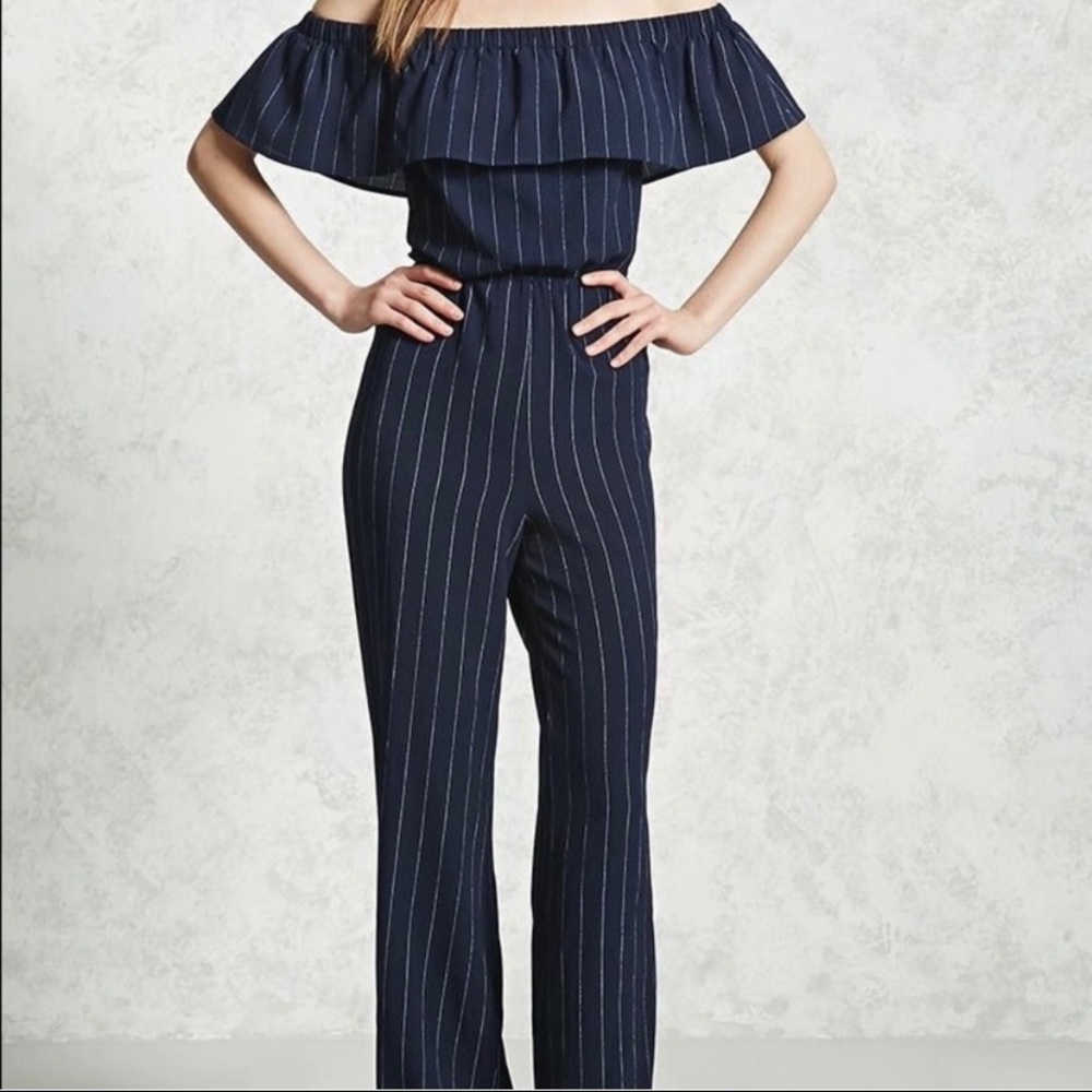 Forever 21 Navy Blue and White Striped Jumpsuit
